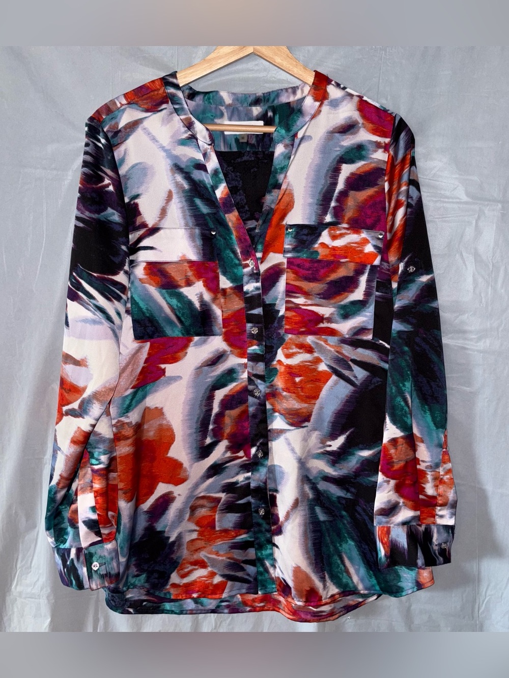 Calvin Klein‎ Button Down Top Women’s Med Abstract Floral Pockets Office Dressy